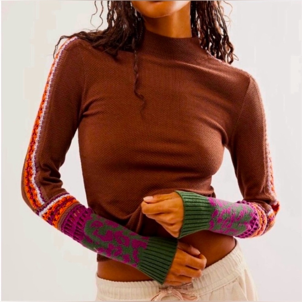 Free Preople Switch It Up Thermal Sweater Brown with Green, Purple and Orange S
